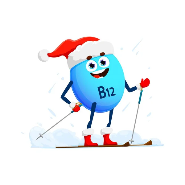 冬の休日のためのスキーのクリスマス漫画ビタミンB12キャラクター ベクター微量栄養錠剤 ハッピー健康なビタミンB12クリスマスや新年の絵文字のための雪の冬のスポーツスキーでサンタハット — ストックベクタ