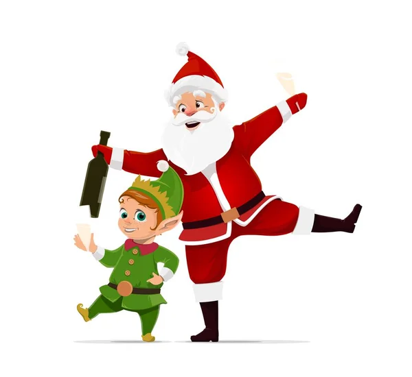Cartoon Christmas Santa Dancing Elf Wine Bottle Both Adorned Vibrant — Stock Vector