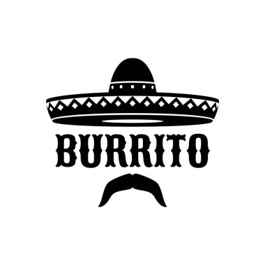 Meksika sombrero ve burrito, Tex Mex mutfağı ve Meksika yemek barı veya restoran vektör ikonu. Meksika burrito fast food menüsü için etnik süslemeli sombrero ve bıyıklı grunge grunge grunge silueti