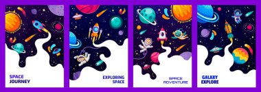 Space posters and flyers, cartoon astronauts, aliens, galaxy landscape, ufo, spaceship and space stars, vector background. Kid spaceman in galaxy world with aliens and rockets in galactic sky planets clipart