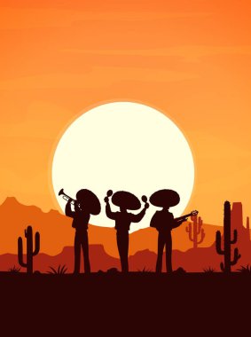 Meksikalı mariachi müzisyenlerinin siluetleriyle çöl batımı manzarası. Meksika müziği ve Latin Amerika kültür vektör geçmişi. Gün batımında trompet, gitar ve marakas çalan mariachi müzisyenleri.
