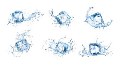 Su sıçrayan ve düşen buz küpleri. İzole edilmiş gerçekçi 3D vektör kristal blokları, beyaz arkaplanda şeffaf parçalar. Temiz, kare bloklar, donmuş su, alkol veya kokteyl setiyle iç