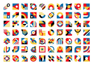 Soyut geometrik desenlerin Bauhaus unsurları vektör çemberi, kare ve üçgen, kemer ve dalga şekilleri. Asgari şekil, şekil ve biçimlere sahip soyut kolajların modern renk blokları