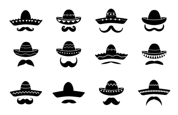 Μεξικάνικο Mariachi Sombrero Καπέλο Εικόνες Και Μουστάκια Ισπανική Κουλτούρα Γιορτή — Διανυσματικό Αρχείο