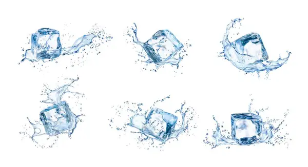 Ice Cubes Water Splash Drops Isolated Realistic Vector Crystal Blocks — Stock Vector