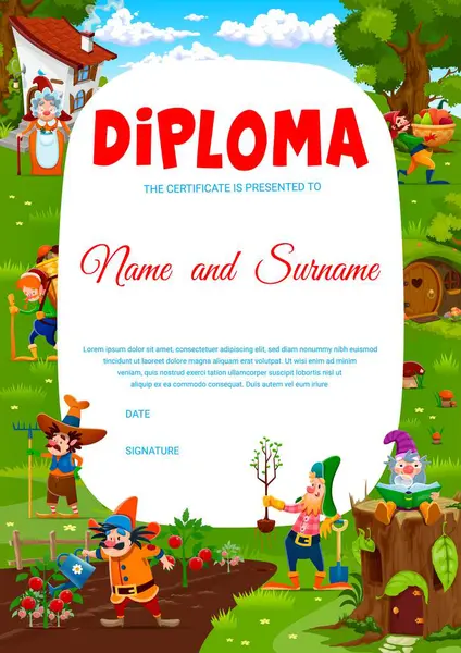 Kids Diploma Cartoon Fairytale Funny Gnomes Vector Education School Kindergarten — Stock Vector