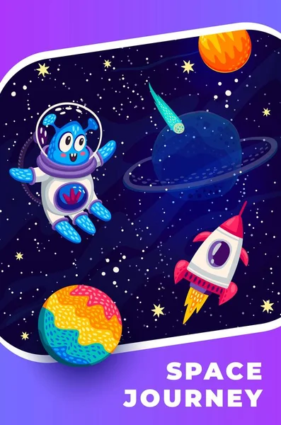 Cartoon alien and rocket spaceship in starry galaxy space with planets and stars, vector poster. Space journey adventure and galaxy exploration background with alien martian spaceman in galactic space