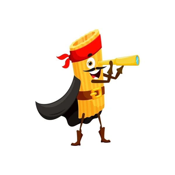 Cartoon Funny Penne Italian Pasta Pirate Corsair Character Looking Spyglass — Stock Vector