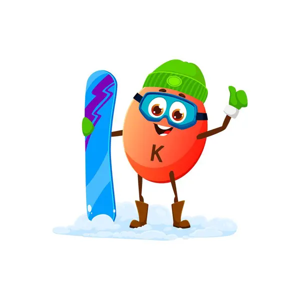 Cartoon Potassium K mineral pill with snowboard on winter holiday, vector micronutrient character. Happy funny Potassium K on winter sport or snowboarding for Christmas or New Year winter holiday