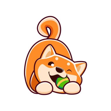 Çizgi film kawaii sevimli Shiba inu köpek ve köpek yavrusu bir topu kemirir. İzole vektör komik köpek oyunu dayanıklı bir oyuncakla Çiğneme içgüdülerini geliştirir, eğlence sağlar ve diş sağlığını geliştirir