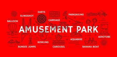 Lunapark pankartı, lunapark gezileri ve eğlence araçları, vektör geçmişi. Eğlence parkında bungee jumping, muz botu ve dart oyunu, parasailing ve bowling veya aquabike fun