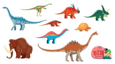 Karikatür dinozorları komik karakterler. Jura dönemi hayvanı, soyu tükenmiş sürüngen, Euhelopus, Styracosaurus, Chasmosaurus ve Elaphrosaurus, Shansisuchus, Glyptodon dinozor izole edilmiş neşeli vektör kişilikleri
