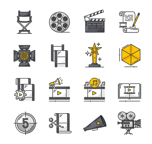 Film Videoproduktion Und Kino Vintage Ikonen Filmindustrie Filmstudios Vektorsymbole Kinoproduktionsschild — Stockvektor