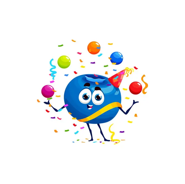 Cartoon blueberry character on birthday holiday, vector funny berry with balloons. Cute blueberry at birthday party celebration juggling balls with confetti in birthday cap and ribbon
