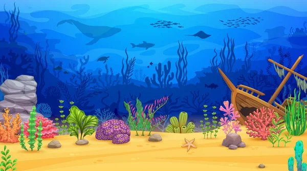 Cartoon Sunken Ship Animal Silhouettes Seaweeds Underwater Landscape Vector Background — Stock Vector