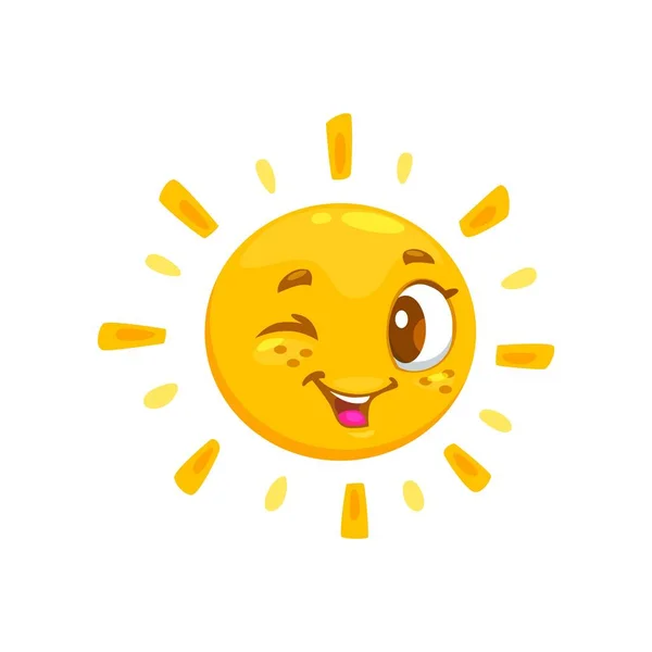 夏の太陽のキャラクターを笑顔にする漫画 光沢のある光線ベクターで日光を浴びる 陽気な人格 暑い夏の天気や春の日光 面白い孤立した文字 — ストックベクタ