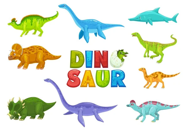Desenhos Animados Dinossauros Animais Personagens Engraçados Paleontologia Extintos Répteis Mascotes — Vetor de Stock