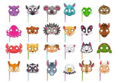 Karikatür hayvan karnavalı parti maskeleri. Festival bayramı ya da doğum günü kutlaması kostümü. İzole vektör seti hipopotam, zebra, koala ve gergedan. Timsah, tembel hayvan, ahtapot ve kunduz, kirpi ya da porsuk.