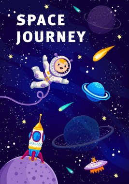 Çizgi film çocuğu astronot astronot uzay adamı. Uzay giysisiyle yıldızlı galakside uçan neşeli çocuk uzay adamı, gezegen yüzeyinde roket, kuyrukluyıldızlar ve yıldızlarla dolu Galaksi Keşfi vektör pankartı veya poster.