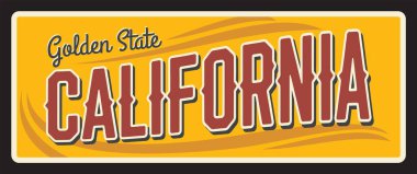 California golden state, american travel plate, vintage vector banner, sign for tourist destination. Sacramento capital, Los Angeles tin number plate. Retro board, antique signboard with typography clipart