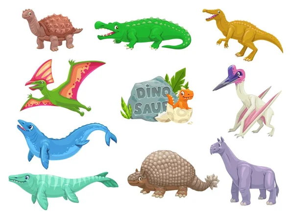 Cartoon dinosaurs animal comical characters. Extinct animal, paleontology reptile or cute vector personages. Carbonemys, Sarcosuchus, Baryonyx and Tapejara, Basilosaurus, Mosasaurus funny dinosaurs