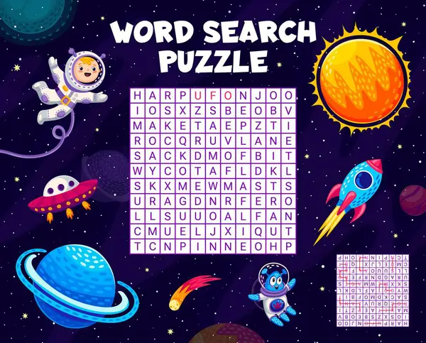 Word Search Puzzle Game Astronaut Rocket Space Planets Vector Quiz — Stock Vector