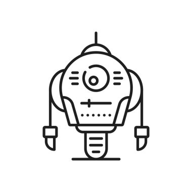 Robot çizgisi ve taslak simgesi. Metalik gövdeli, uzun kollu ve tekerlekli izole vektör fütüristik droid. Robot figürün Automaton sembolü. yenilik ve teknoloji işareti, mekanik bir varlık içerir