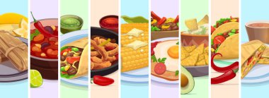 Meksika mutfağı yemek kolajı Tex Meksika yemekleri ve yemekleri, vektör geçmişi. Meksika usulü burrito, taco ve quesadilla yanında tamale ve nachos cipsi ya da mutfak kolajı için avokado guacamole.