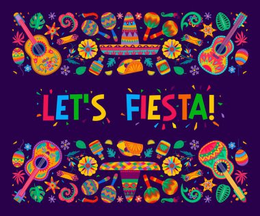 Meksika fiesta partisi afişi, sombrero, marakas ve gitarlar, vektör tropikal çiçek süsü. Meksika 'da renkli Meksika dürümü, tekila, pinata ve çiçek desenli bir tatil partisi posteri.