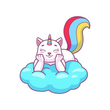 Şirin kawaii caticorn bulutların üzerinde rüya görüyor gökkuşağı kuyruklu yavru kedi, çizgi film kedisi tek boynuzlu at meditasyon yapıyor ya da gökyüzünde uyuyor.