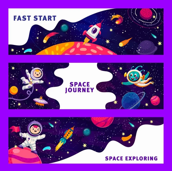 Space Explore Journey Fast Start Banner Cartoon Astronauts Alien Character — Stock Vector