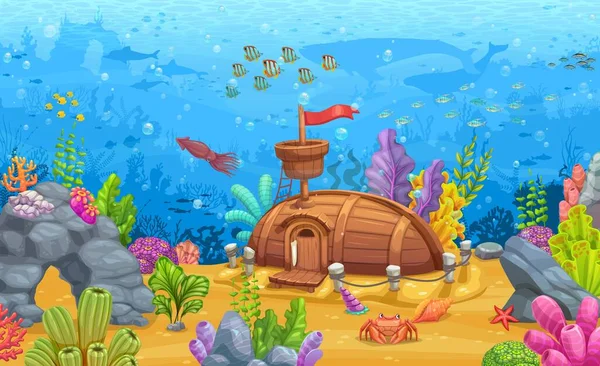 水中風景 ベクター漫画の海または海に建てられたスンクンボートハウス 海の魚 クジラ イルカと沈没した木造船の妖精の海底の家建物 — ストックベクタ