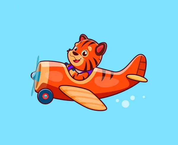 Cartoon Tiger Animal Character Plane Funny Pilot Kid Flying Propeller — Stock Vector