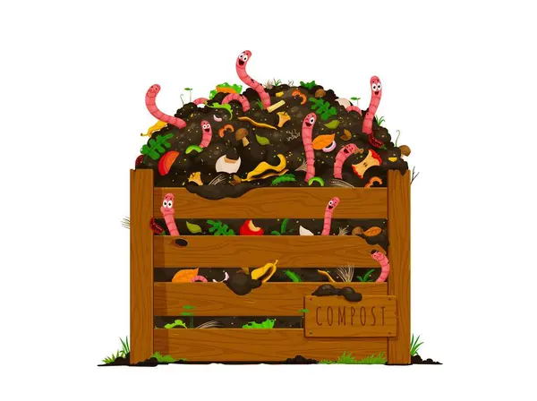 Lustige Regenwürmer Holzkompostkasten Mit Erde Und Biomüll Cartoon Vektor Vermikompostierung — Stockvektor
