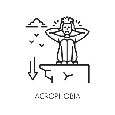 İnsan akrofobisi ikonu, akıl sağlığı. Yükseklik korkusu, psikolojik sorun ya da zihinsel bozukluk vektör çizgisi sembolü, ikon ya da uçurumun kenarında oturan korkmuş bir adamla işaret işareti.