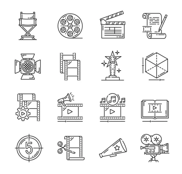 Пиктограмма Кинопроизводства Медиа Кино Векторной Линии Телестудии Кинокамера Планшетом Диагональю — стоковый вектор
