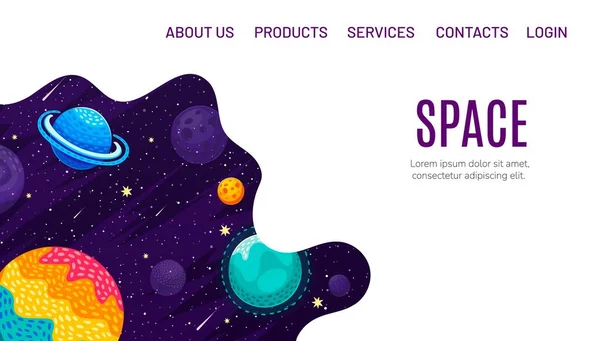Galaxy Space Landing Page Cartoon Space Landscape Planets Stars Vector — Stock Vector