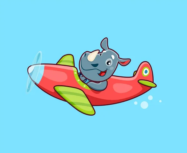 Cartoon Rhino Baby Animal Character Plane Adorable African Rhino Kid — Stock Vector
