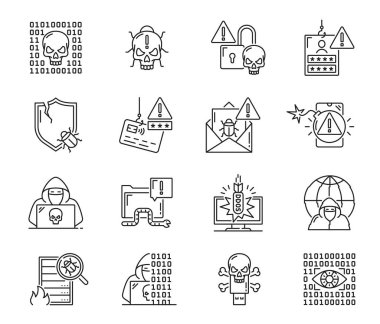 Siber saldırı ikonları. Dijital veri siber saldırı riski, internet ağı hack tedavisi veya bilgisayar yazılımı veya casus yazılım tehlikesi ince çizgi vektör piktogramları kurukafa, hacker veya hırsızlık, solucan ve böcek