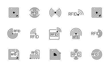 RFID. Radyo frekans tanımlama teknolojisi ikonları, kablosuz ödeme elektromanyetik bakır bobini ince çizgi sembolleri. RFID sistem tanımlaması ve takibi pictogramlar ayarlandı