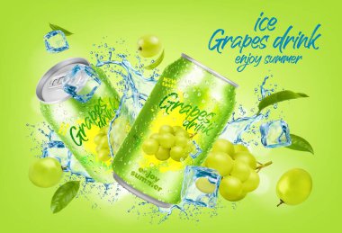 Buzlu üzüm suyu kutuları. Üzüm üzümü, çay yaprağı, su sıçraması ve buz kristal küpleri. Gerçekçi damlalar, kabarcıklar, yeşil böğürtlenler ve donmuş su küpleri içeren meyve suyu konserveleri.