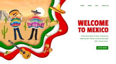 Meksika seyahat şirketinin iniş sayfası. Çölde marakas taşıyan Meksikalı karakterler. Meksika seyahat tur ajansı, Mariachi müzisyenleri, İnka piramidi ve Tex Mex yiyecekleriyle birlikte web sayfası vektör şablonu