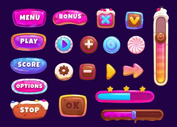 ゲーム インターフェイス キャンディー ボタンおよび窓 ローディング スライダー メニュー パネル モバイルゲームユーザーまたはアプリの甘いデザートインターフェイス オプションとメディアキャンディーとベーカリーボタン — ストックベクタ