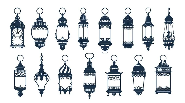 Ramadan Eid Mubarak Arab Islamic Famous Lantern Lamp Silhouettes Middle — Stock Vector
