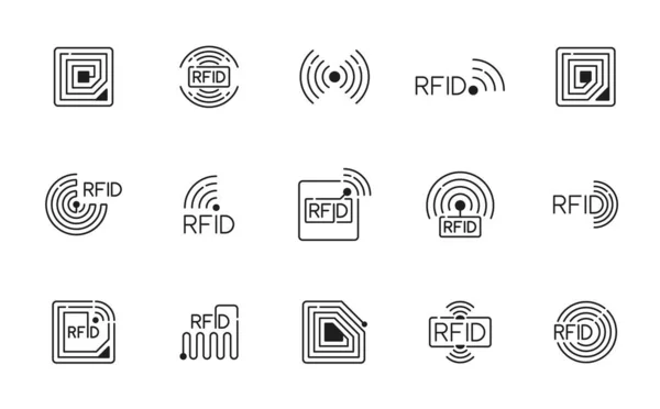 Rfid Iconos Tecnología Identificación Radiofrecuencia Pago Inalámbrico Bobina Cobre Electromagnética — Vector de stock