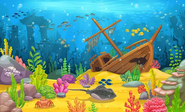 Cartoon Underwater Landscape Arcade Game Level Sunken Ship Ancient Greek — Stock Vector