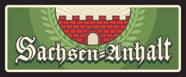 Almanya Sachsen Anhalt şehir metal plakası, vektör seyahat hedefi. Alman kara devleti ve şehrine giriş. Kalay işareti veya amblem bayrakları ve sloganı olan klasik pankart. Alman arması.