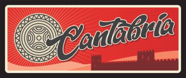 Cantabria İspanyol retro seyahat plakası. Palto, kolluk ve bayrak sembollü İspanya bölgesi teneke tabelası, kale kulesi koruyucu duvarları. Kuzey İspanya 'da Santander ile özerk bir topluluk ve eyalet