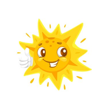 Çizgi film komik kawaii güneş karakteri baş parmağı havada. Mutlu yaz güneşli vektör kişiliği. Gülümseyen şirin yüzüyle onaylama işareti gösteriyor. Güneşli bir gün, hava veya iklim teması için parlak sarı güneş emojisi