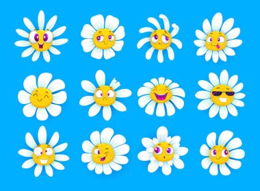 Komik yüzlü papatya çiçeği karakterleri. Daisy Flowers sevimli vektör kişilikleri duygu ifadelerinin toplanmasıyla karşı karşıya. Aptal, gülen, üzgün ve çılgın papatya çiçeği kawaii çıkartmaları